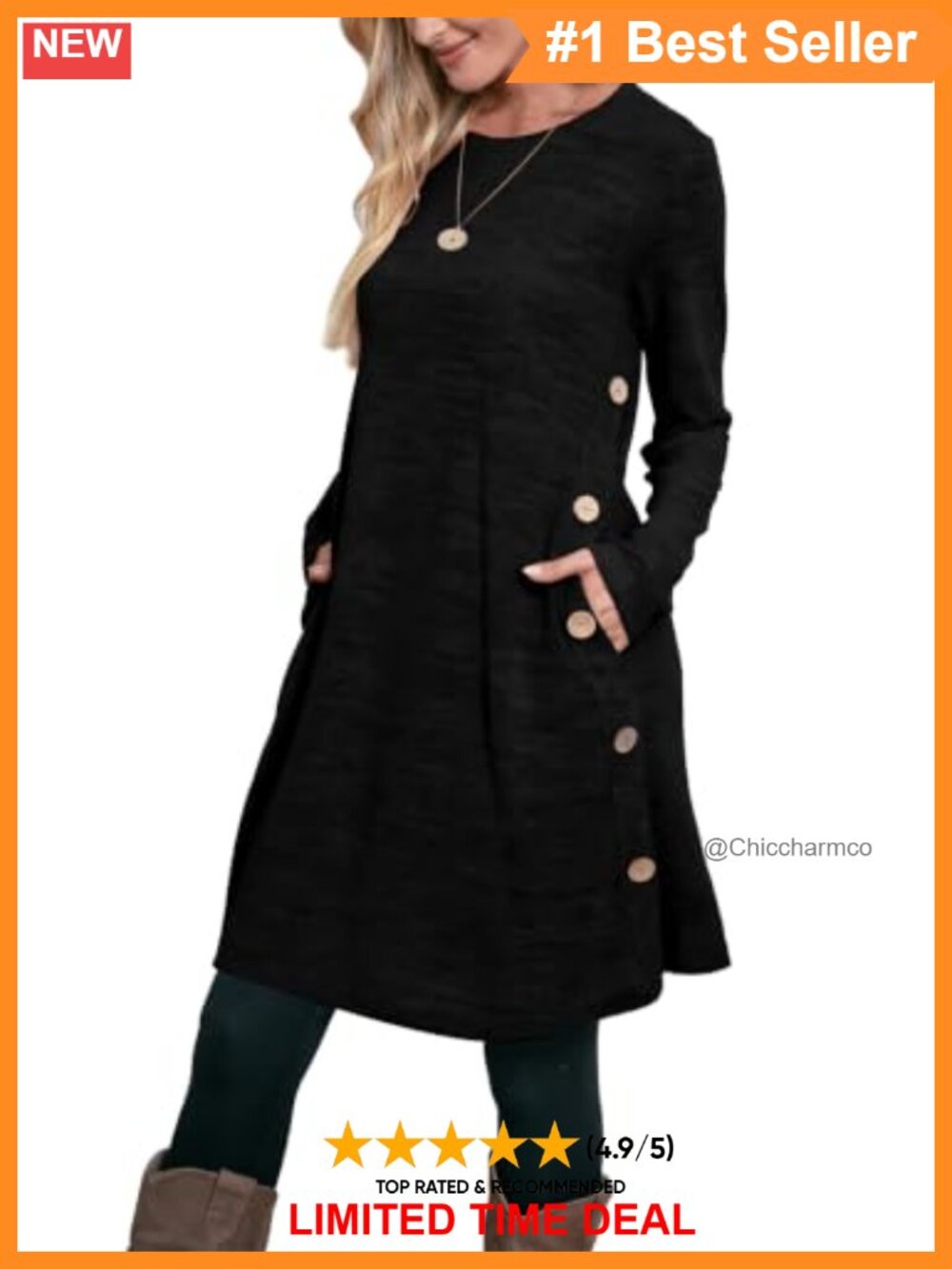 Long Sleeve Tunic Dress with Pockets Buttons Crew Neck